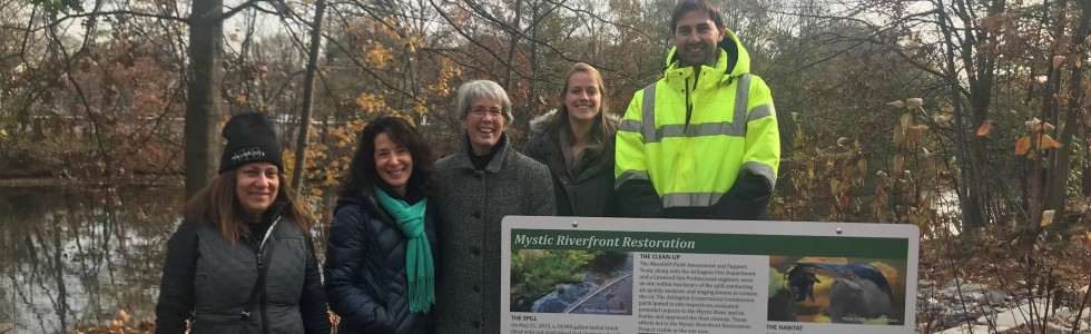 <center>MassDEP's Natural Resource Damages (NRD) Program supported the Mystic Riverfront Restoration project on the Mystic River in Arlington, MA.  Shown above are representatives from DCR, Arlington Conservation Commission, MassDEP, and Arlington DPW.</center>